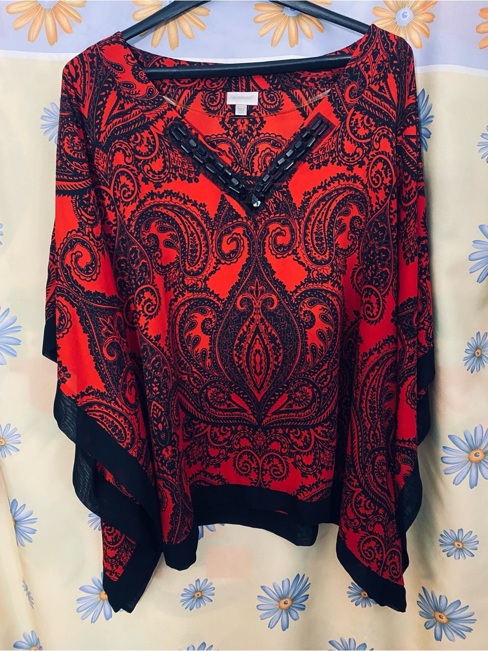 Avenue Red & Black Paisley V-Neck Tunic with Beaded Trim